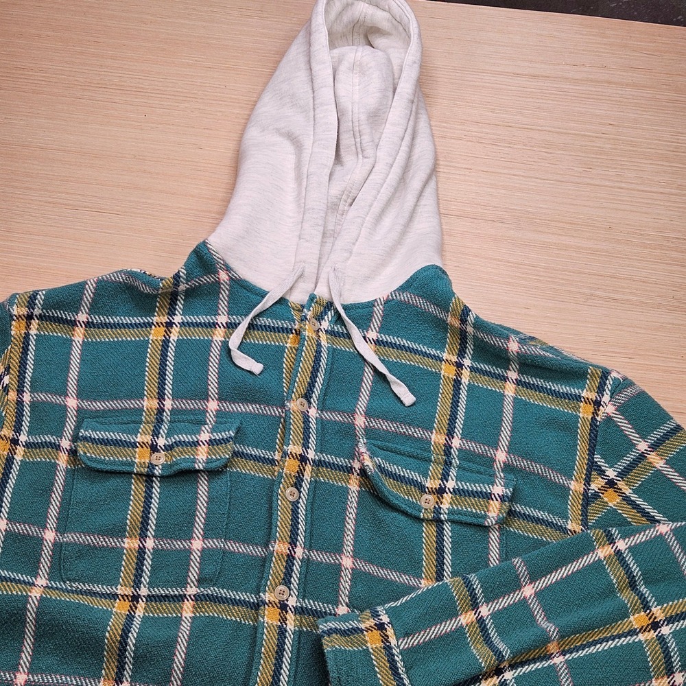 American Eagle Hooded Flannel Shirt Jacket Men XL Teal Plaid Relaxed Fit 1260968
